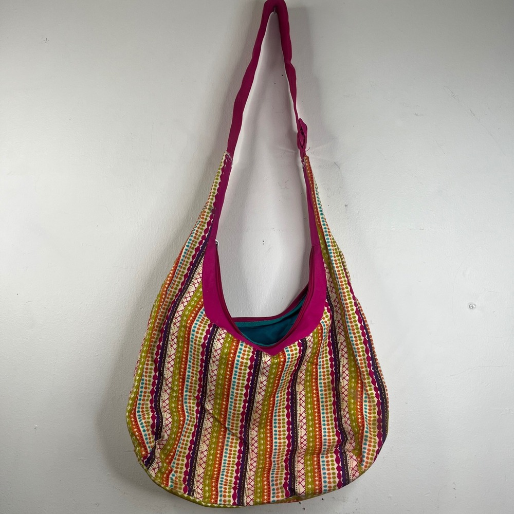 Boho Hobo Bag Multi-Color Geometric Striped Cotton Canvas Crossbody Large